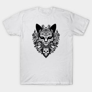 Creepy demon cat with demon skulls and flowers T-Shirt